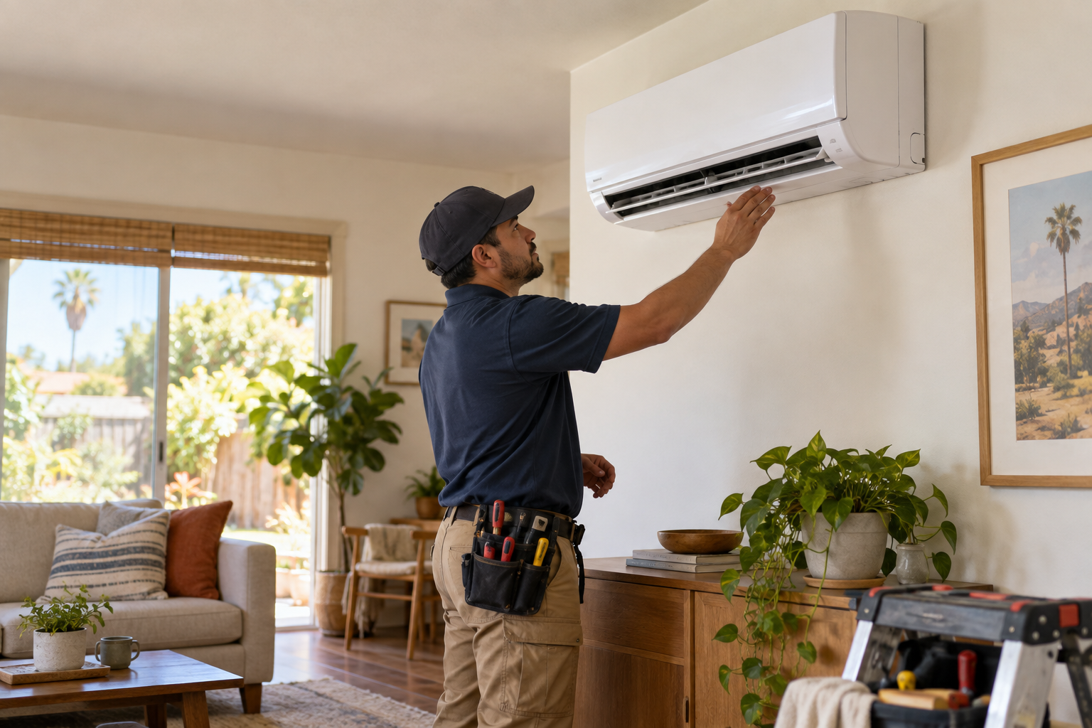 Illustrative scene of a technician checking a wall-mounted home cooling system