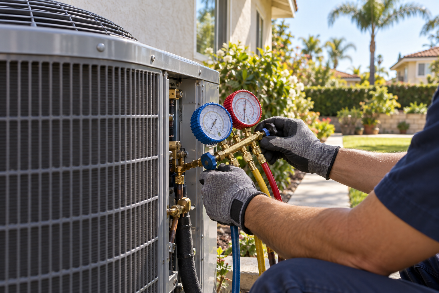 Illustrative close-up of HVAC service gauges beside a home air-conditioning unit