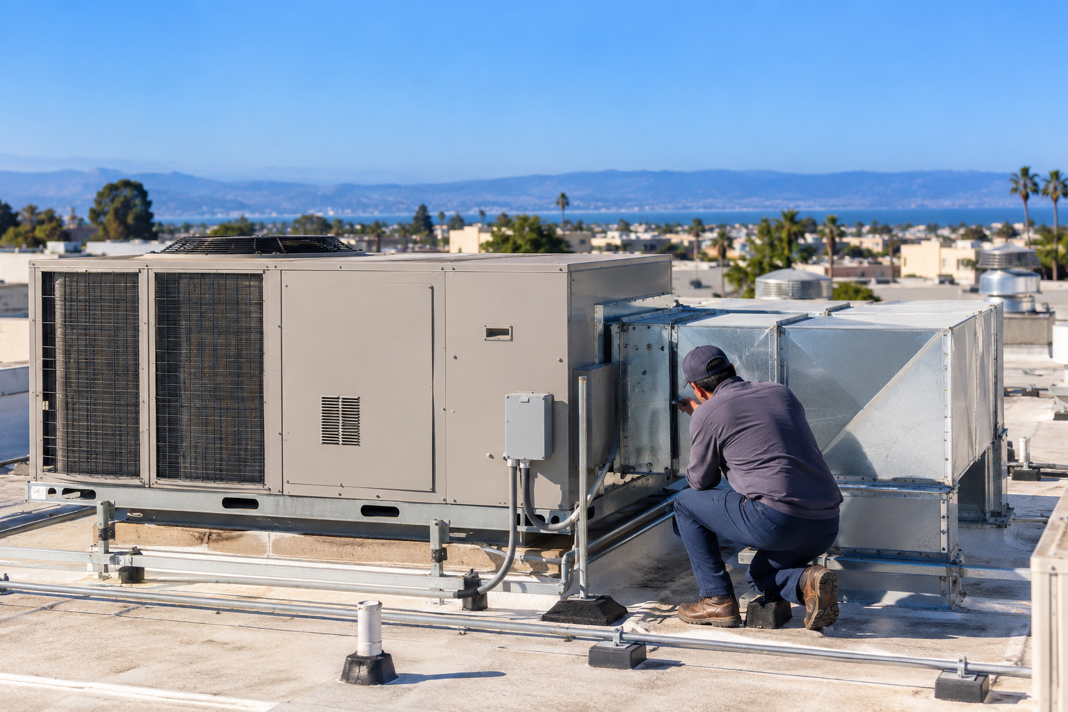 Illustrative scene of a technician working beside a commercial rooftop HVAC unit