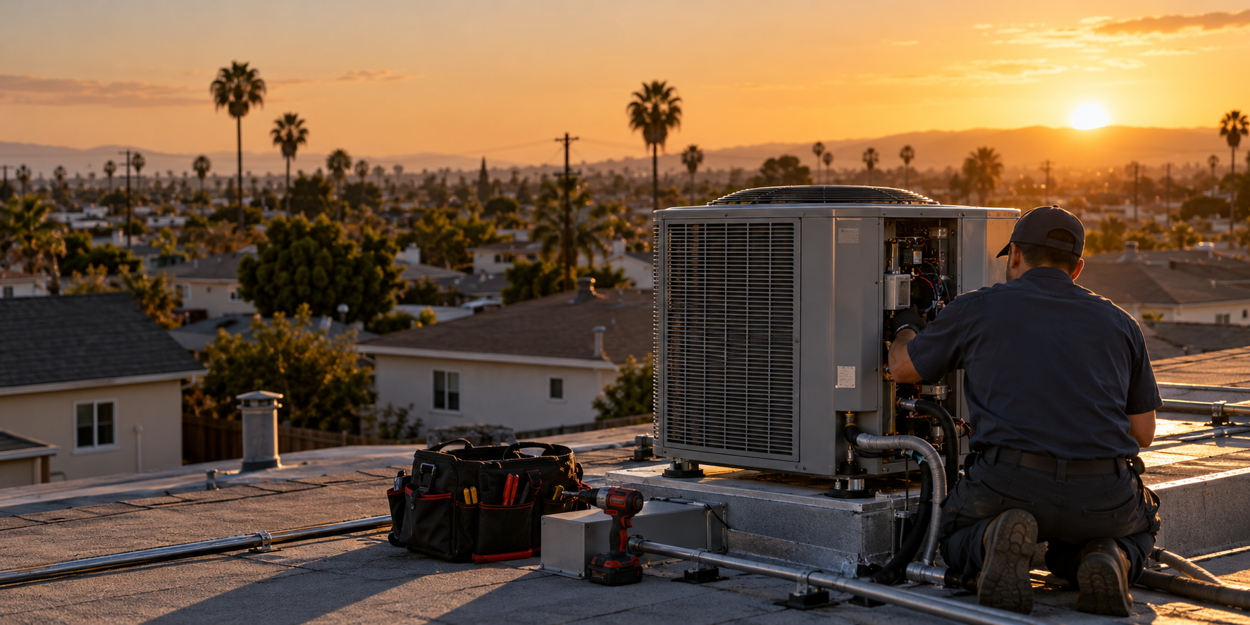 Illustrative South Bay rooftop HVAC service scene at sunset